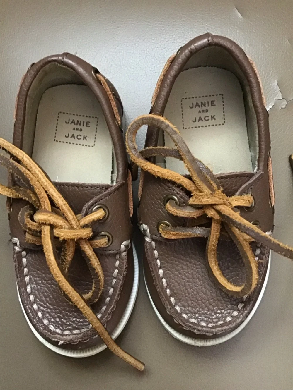 Janie and Jack Brown Leather Moccasin Boat Shoes with Tan Laces
